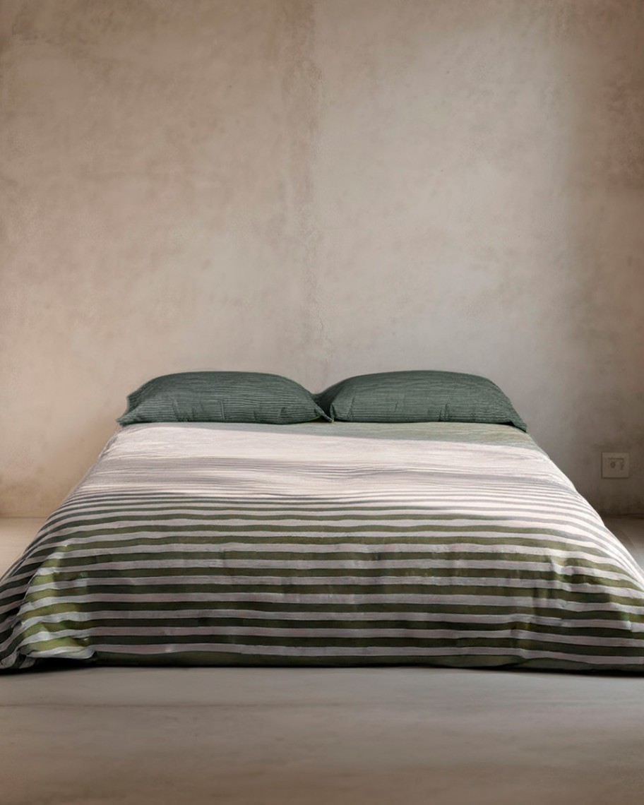 Funda Nórdica Reversible Estampado  de rayas Verde Agua – Fácil Plancha