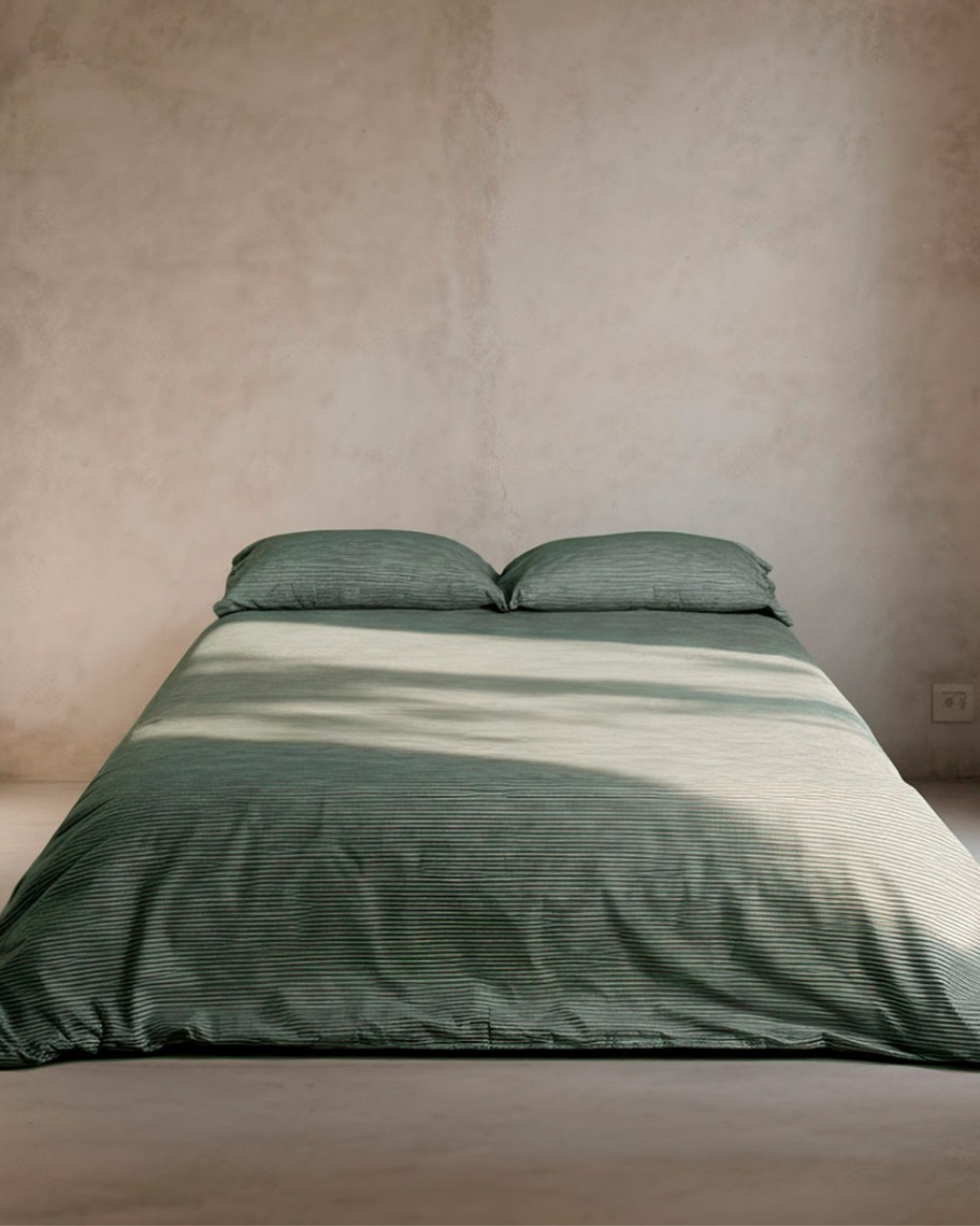 Funda Nórdica Reversible Estampado  de rayas Verde Agua – Fácil Plancha